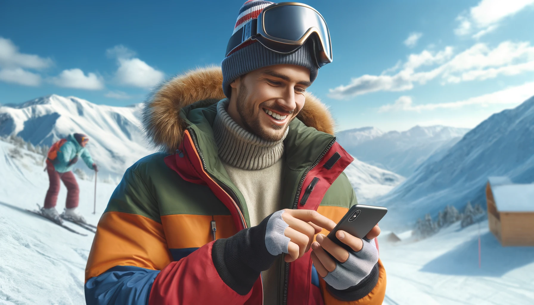 a man wears a colorful winter jacket, snow goggles, and a beanie, with his focus on the phone. 