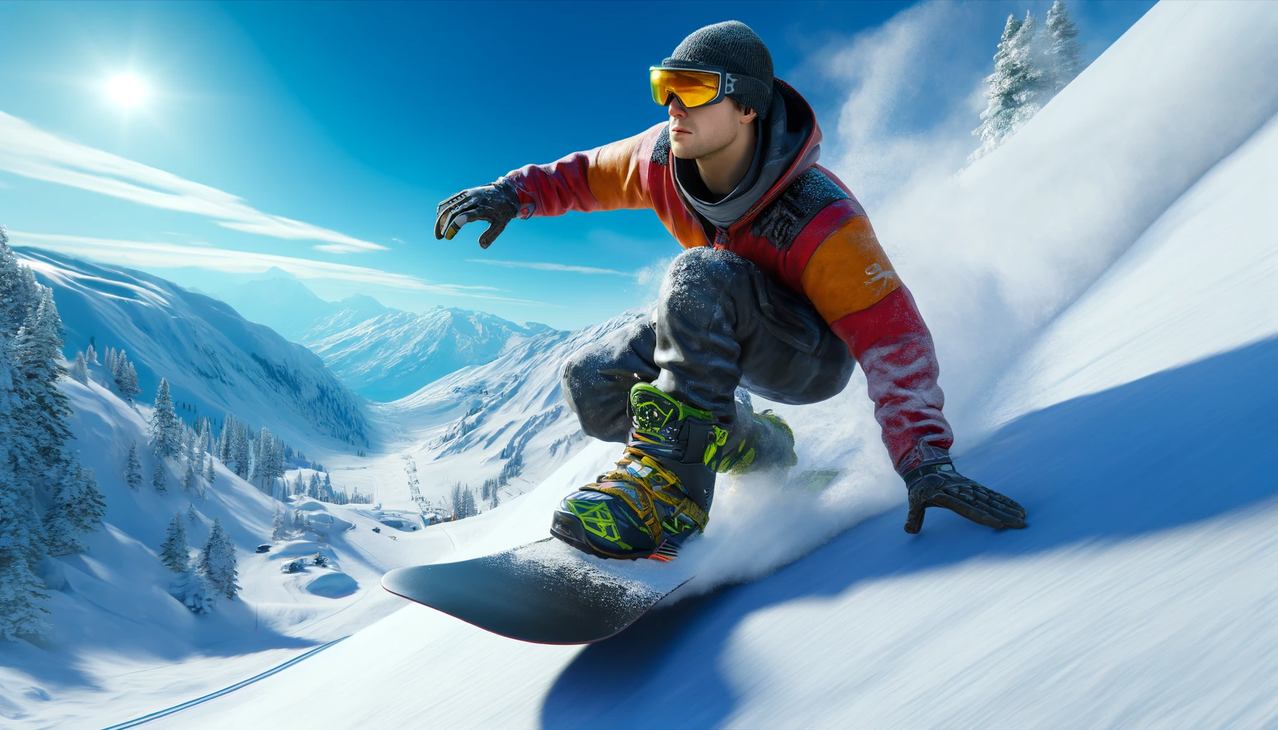 a man snowboarding on a snow-covered mountain slope. The man is in mid-action, showcasing dynamic movement as he maneuvers through the snow with precision and speed. 