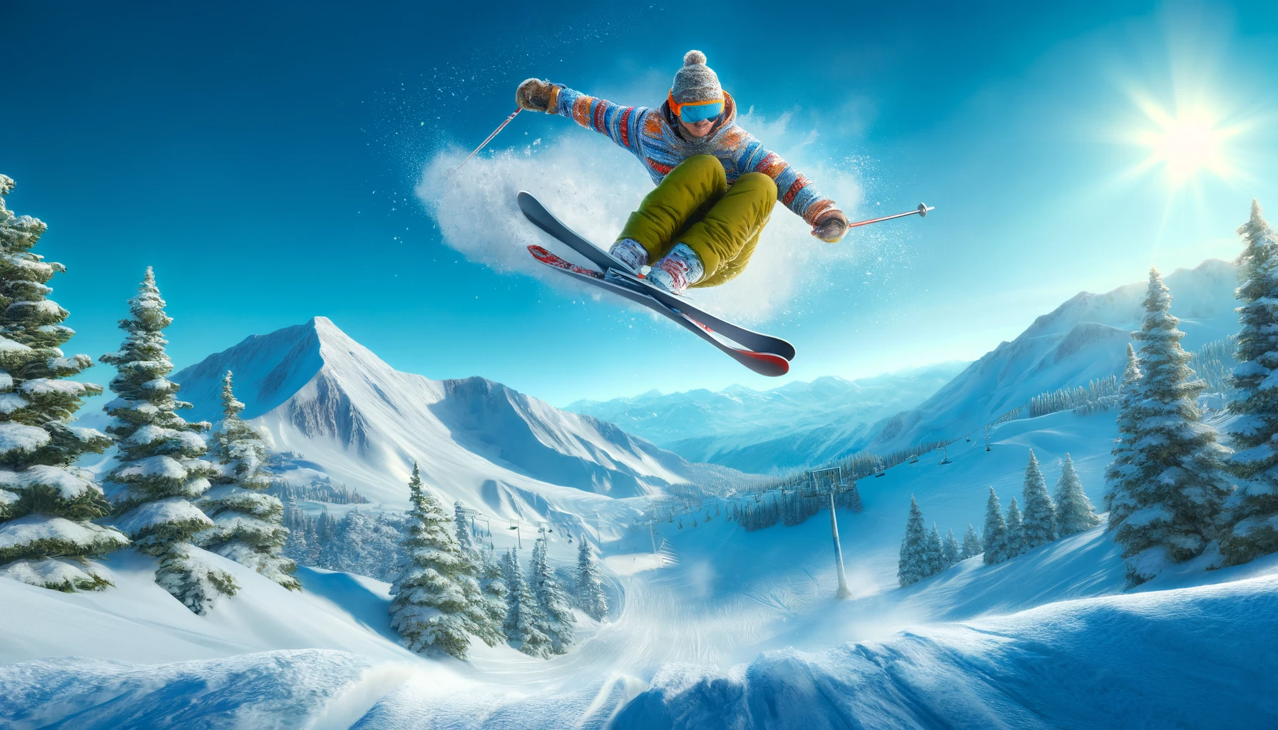 a skier performing a dynamic trick on a snow-covered mountain slope. The skier is mid-air, with a clear blue sky in the background and snow-capped mountains in the distance. 