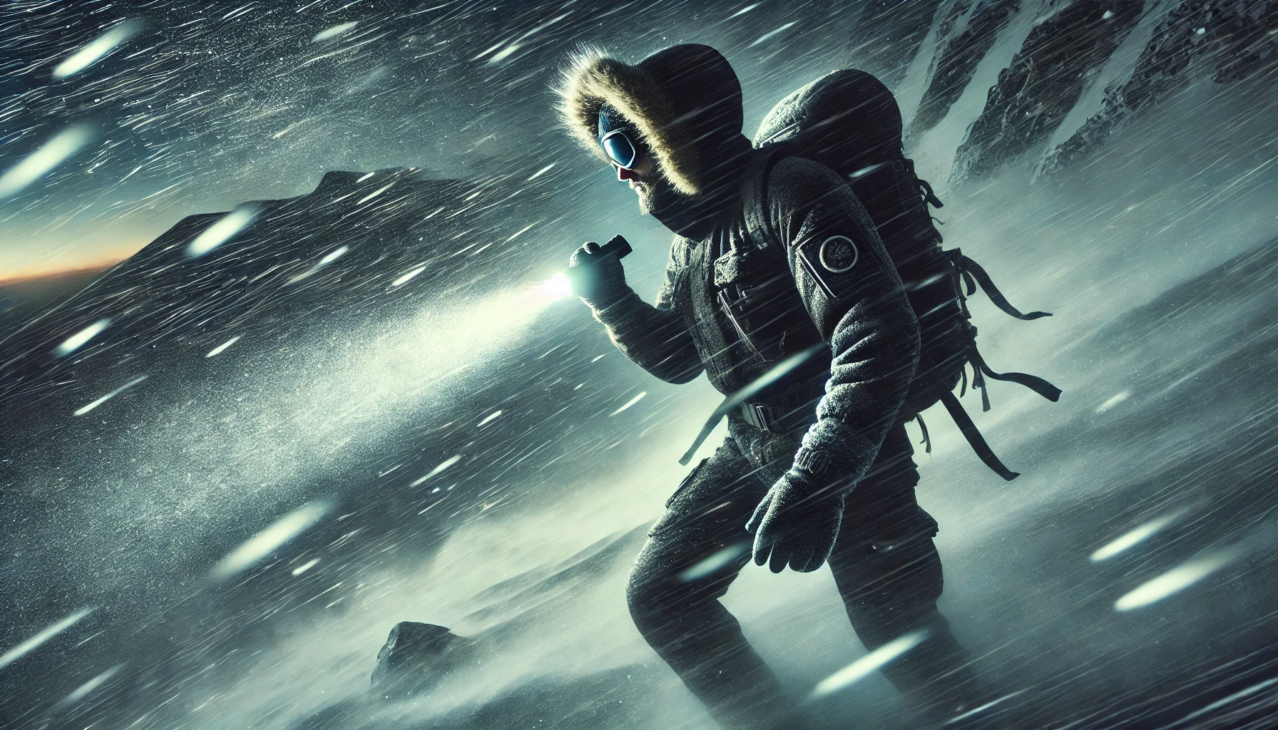 a man walking in the mountains at night during a severe snowstorm with heavy snowfall and strong winds. The man is holding a flashlight, struggling to see through the blizzard as snow and wind whip around him. He is dressed in thick, protective winter clothing, including a hooded jacket, gloves, and goggles.