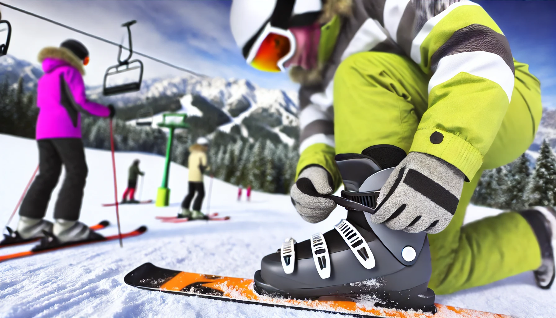 a skier adjusting their ski boots outdoors on a snowy slope. 