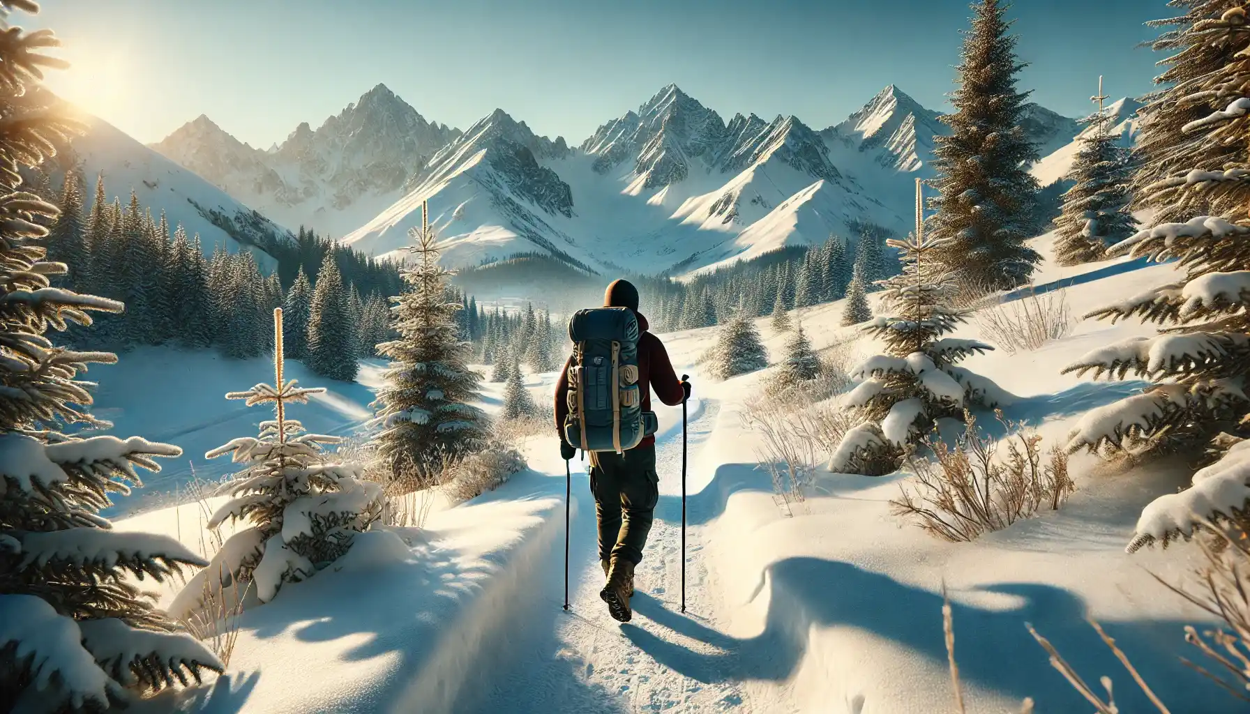 a person hiking in winter mountains, carrying a backpack and using trekking poles. 