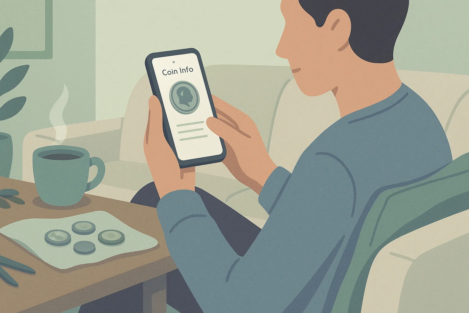 A relaxed person on the sofa checks coin info via Coin ID Scanner.