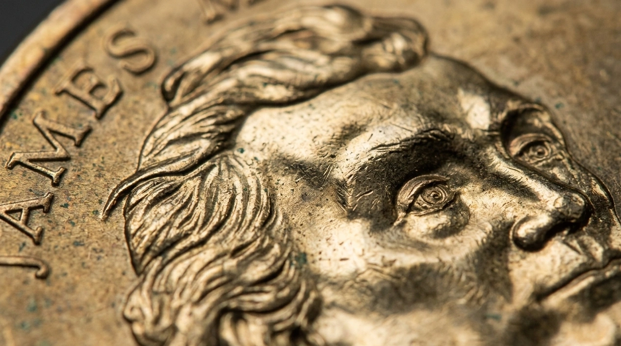 Extreme macro of a gold tinted quarter surface showing patina and reflectivity differences